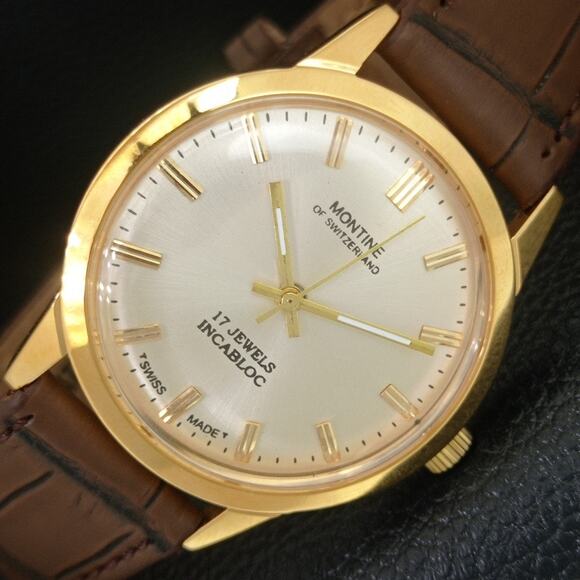 Vintage 1977 Montine Of SwitzerlandManual Mens Gold Watch W/Leather Strap